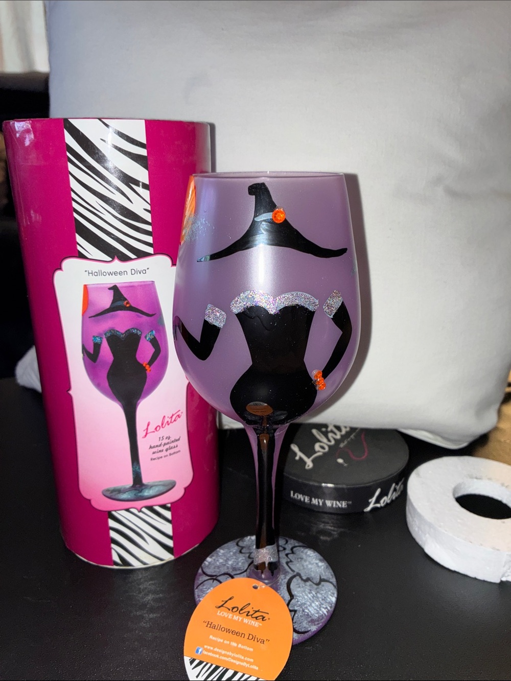 Lolita Painted Halloween witch wine glass collectible Retired HTF